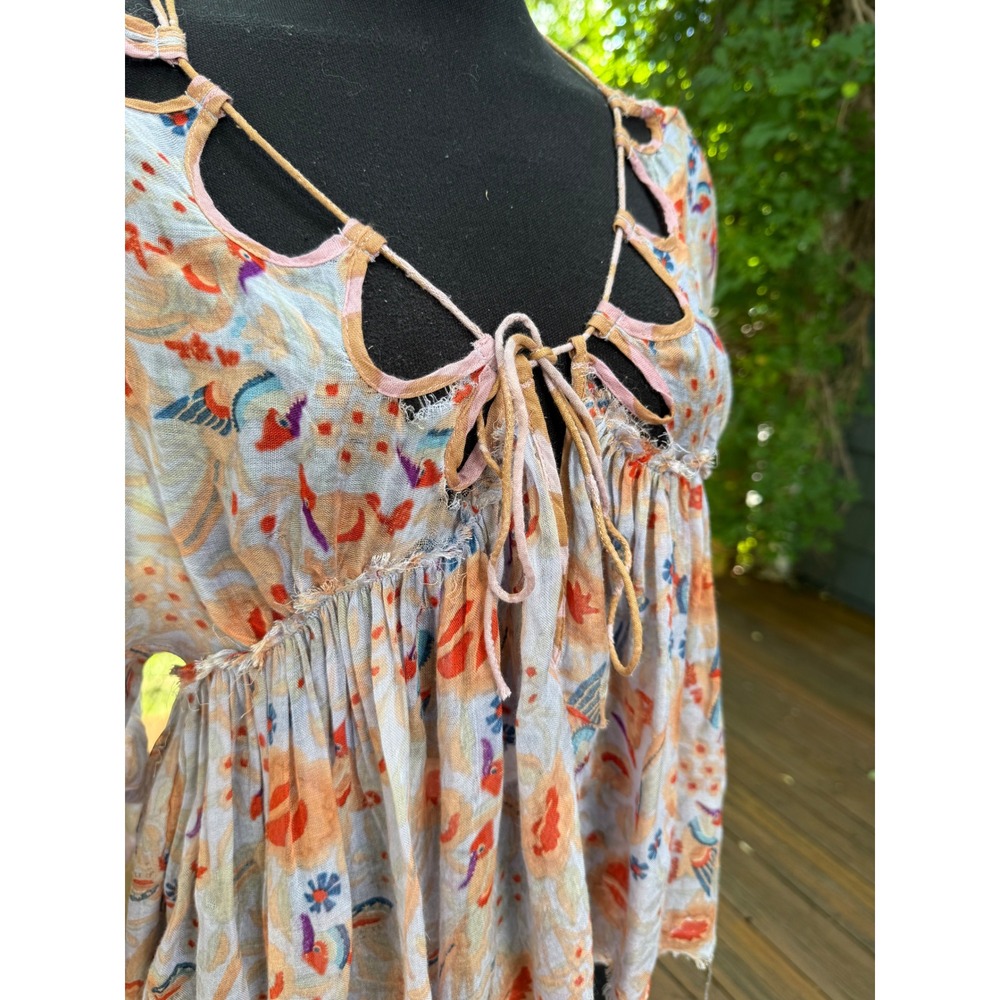 Free People FP One Floral Bird Print Gauze Blouse XS Orange Blue Cold Shoulder - Picture 2 of 7
